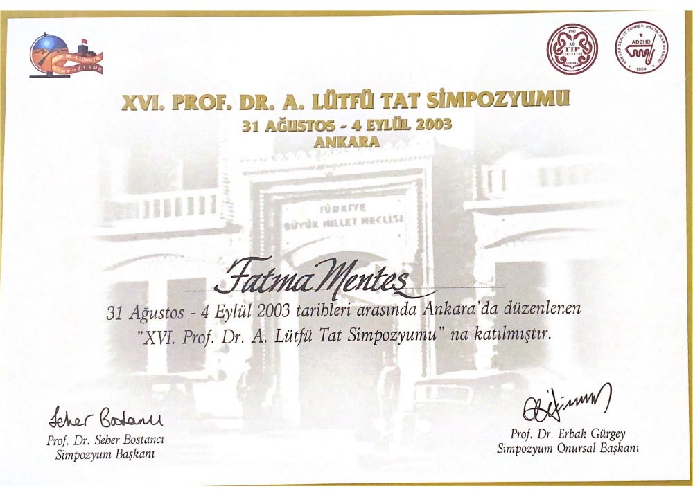 16. Prof. Dr. A. Lütfü Tat Sempozyumu Katılım Sertifikası