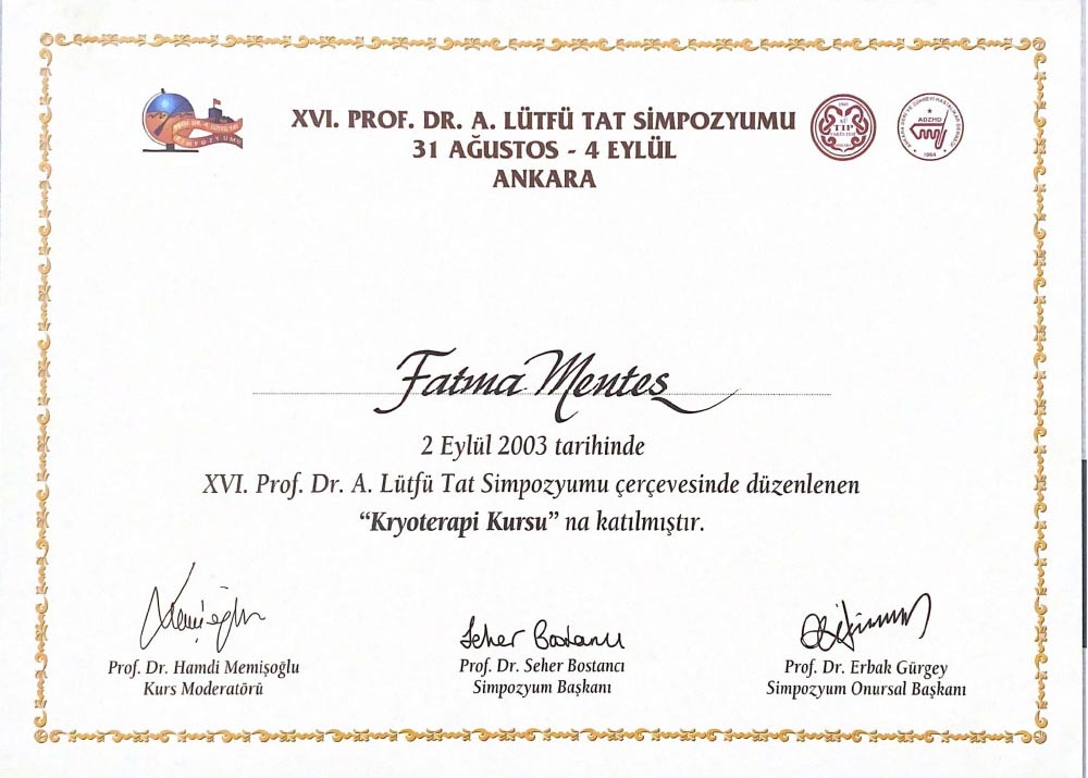 16. Prof. Dr. A.Lütfü Tat Kyroterapi Kursu Katılım Sertifikası