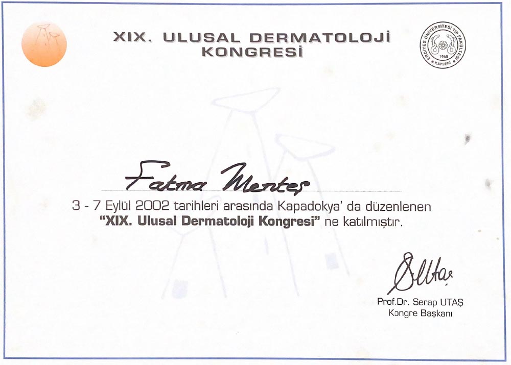 19.Ulusal Dermatoloji Kongresi Katılım Sertifikası