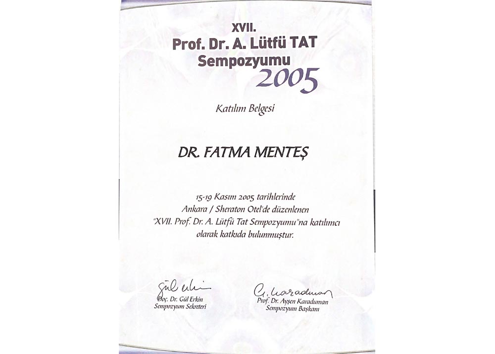 27. Prof. Dr. A.Lütfü Tat Sempozyumu Katılım Sertifikası