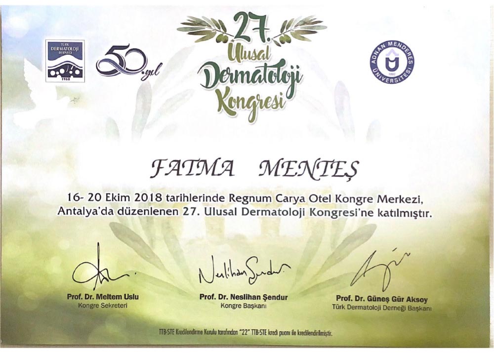 27.Ulusal Dermatoloji Antalya Kongresi Katılım Sertifikası