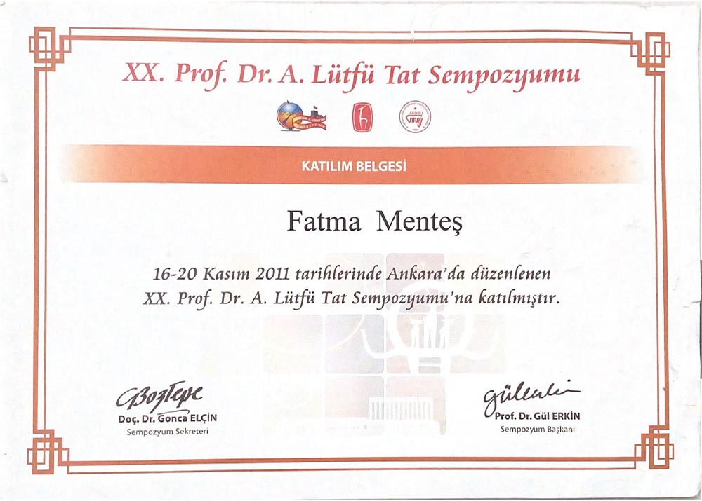 20. Prof. Dr. A.Lütfü Tat Sempozyumu Katılım Sertifikası