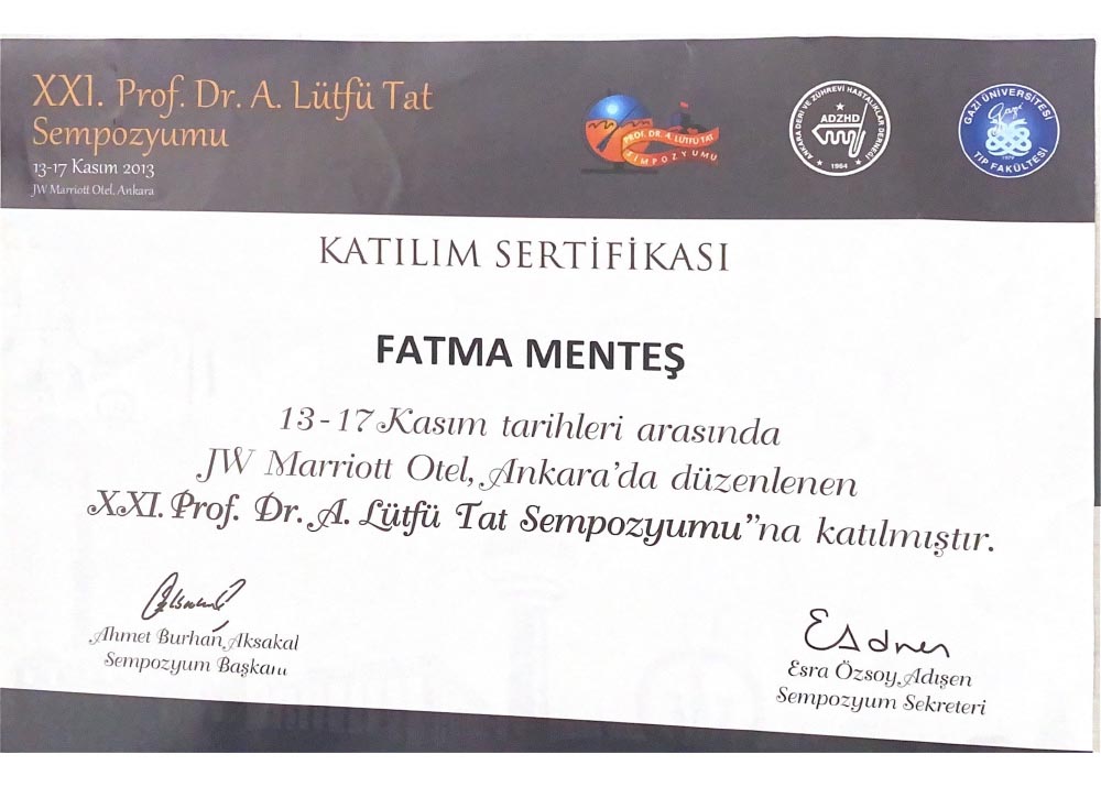 21. Prof. Dr. A. Lütfü Tat Sempozyumu Katılım Sertifikası