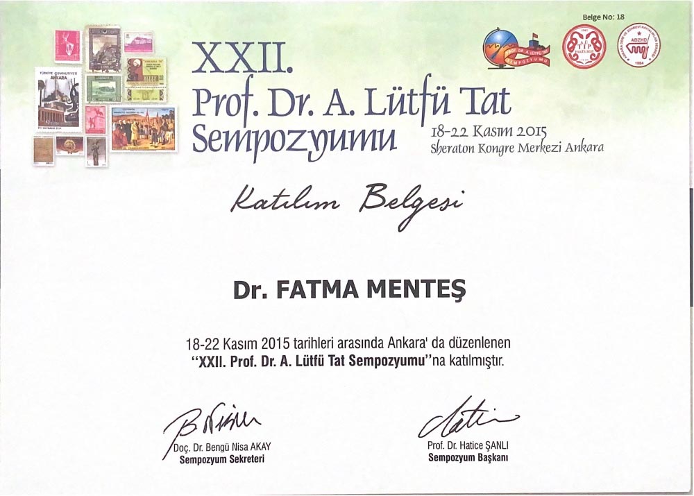 22. Prof. Dr. A. Lütfü Tat Sempozyumu Katılım Sertifikası