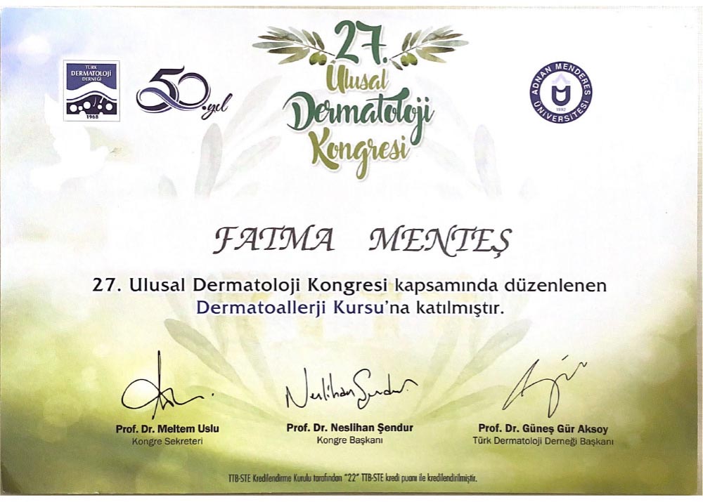 27. Dermatoloji Kongresi Katılım Sertifikası